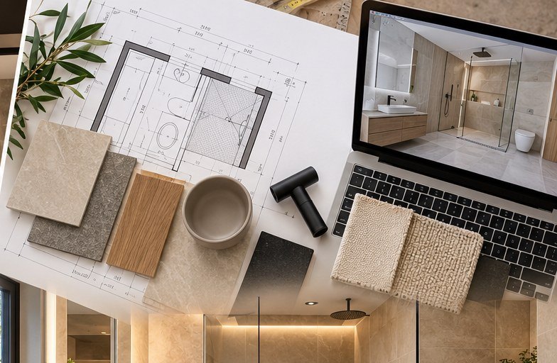 Badkamerontwerp met materiaalstalen en producten