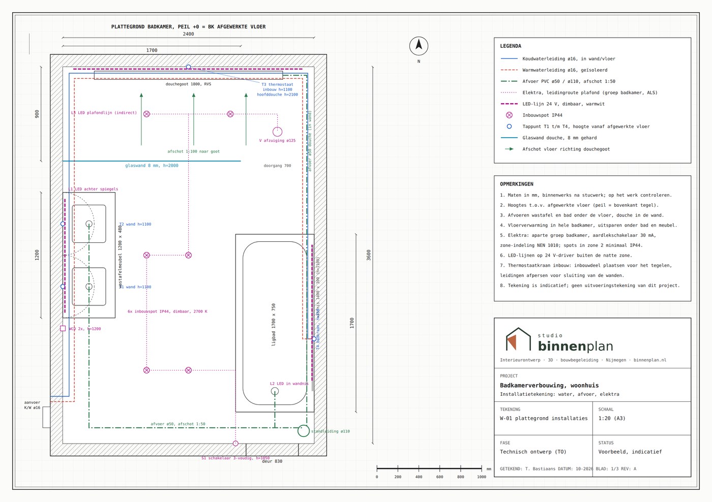 Installatietekening van de badkamer: plattegrond met waterleidingen, afvoeren, elektra, spots en LED-lijnen, legenda en titelblok