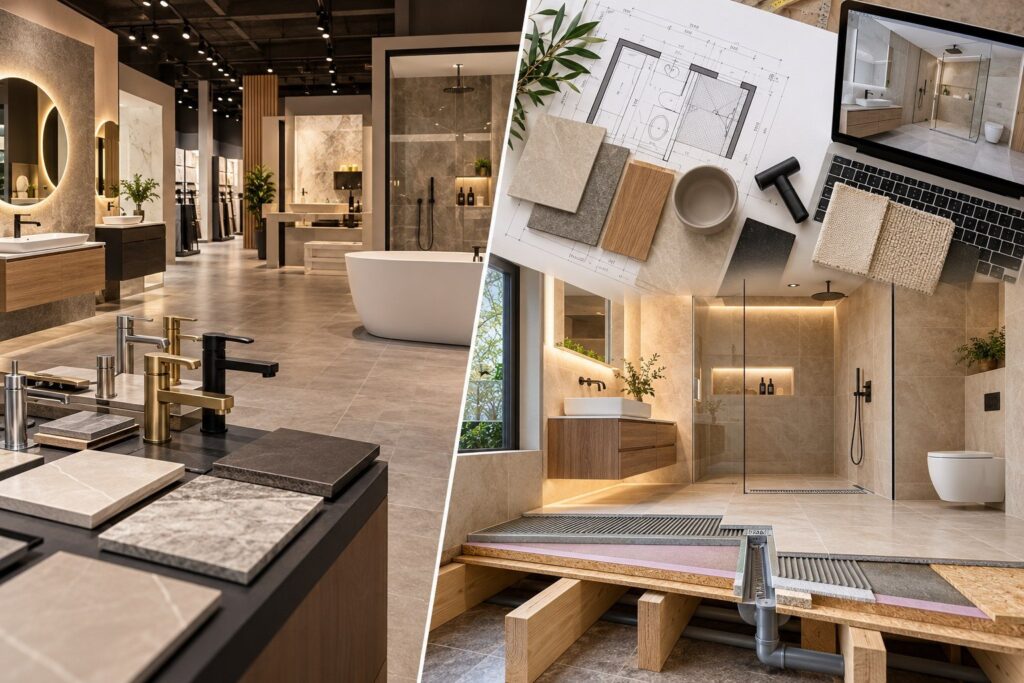 Showroom en zelfstandig badkamerontwerp naast elkaar